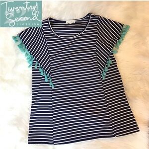 Twenty Second Boho Blue Striped Short Tassel Sleeve Top Size Medium
